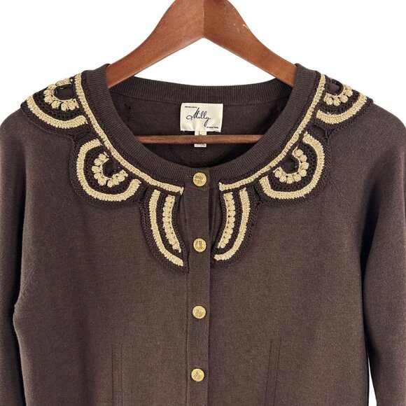 Milly of New York Cardigan Sweater Large Brown Silk Gold Crochet Embroidery Chic - Picture 3 of 15
